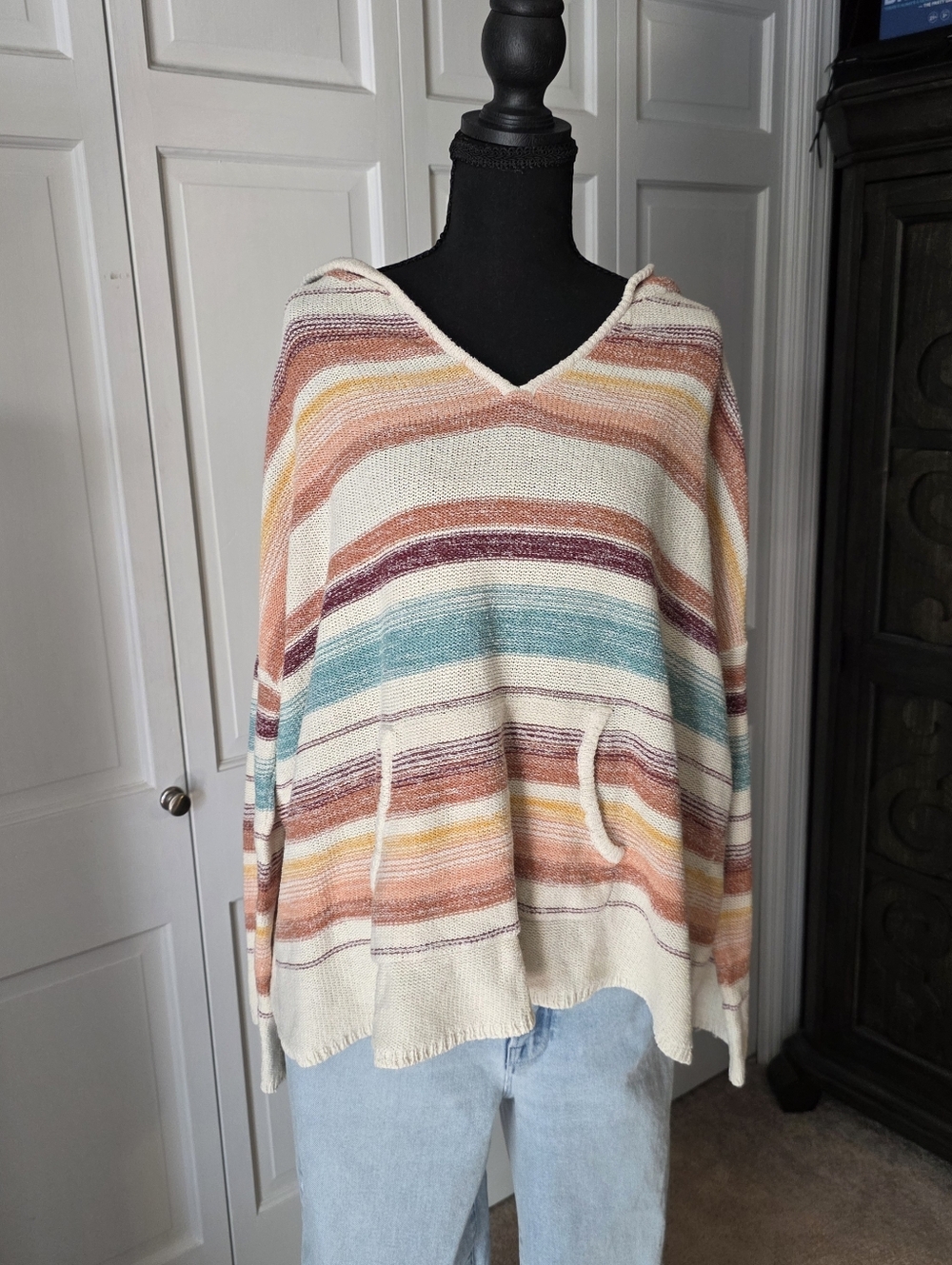 Striped V-Neck Pullover Sweater in Cream and Multi-Color Beach Bohemian Cotton